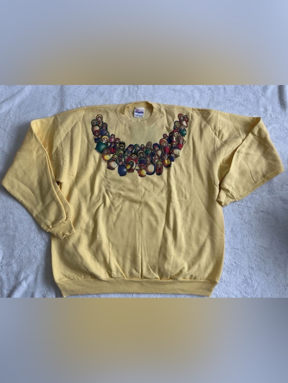 Vintage Hanes Matryoshka Russian Doll Sweatshirt Yellow XL Crew Neck Pullover